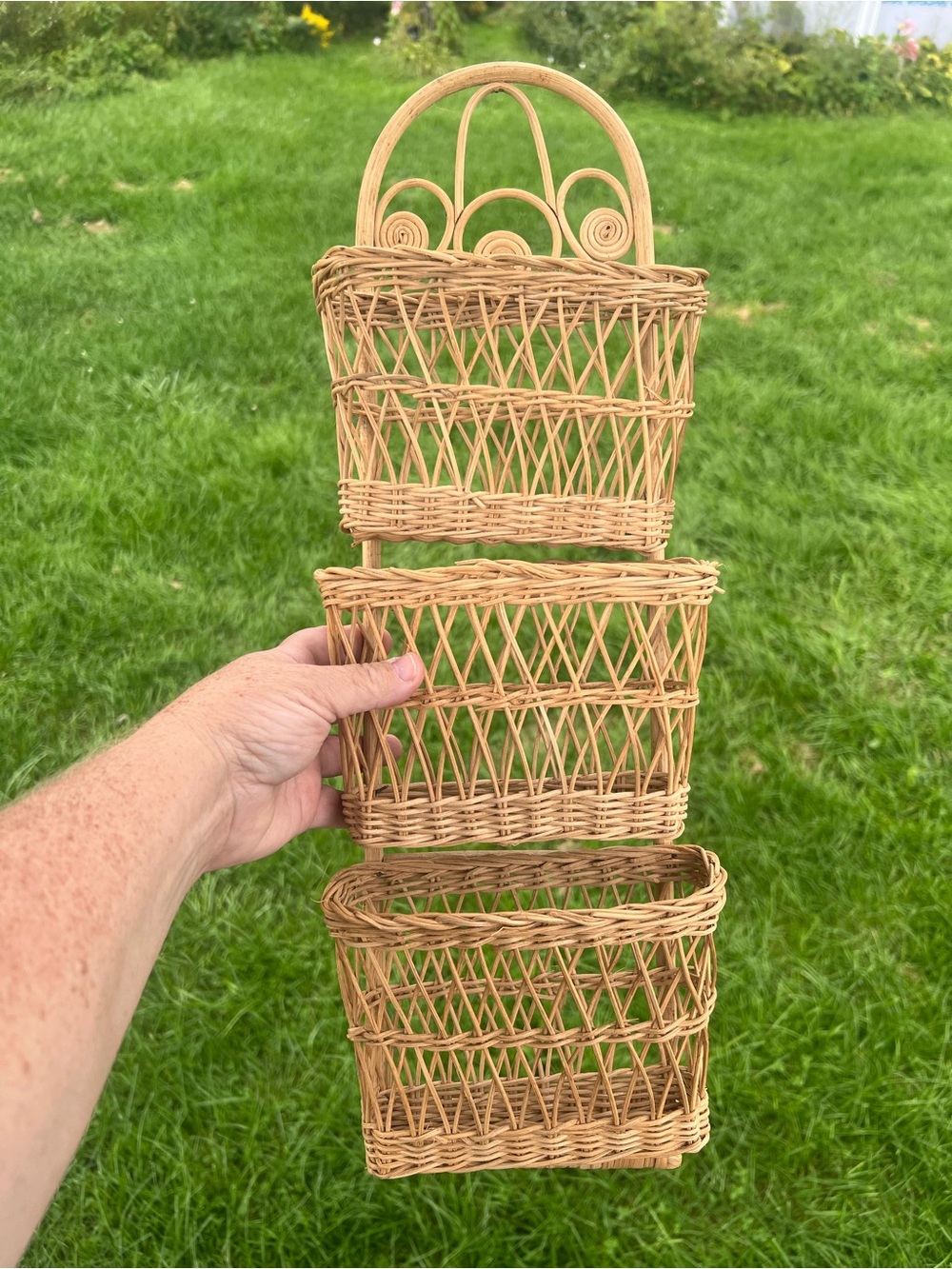 vintage bohemian-style three-pocket rattan and wicker wall-hanging